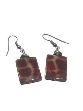 Giraffe Print Resin Drop Earrings Rectangle Shape Hook Closure Silver Tone New